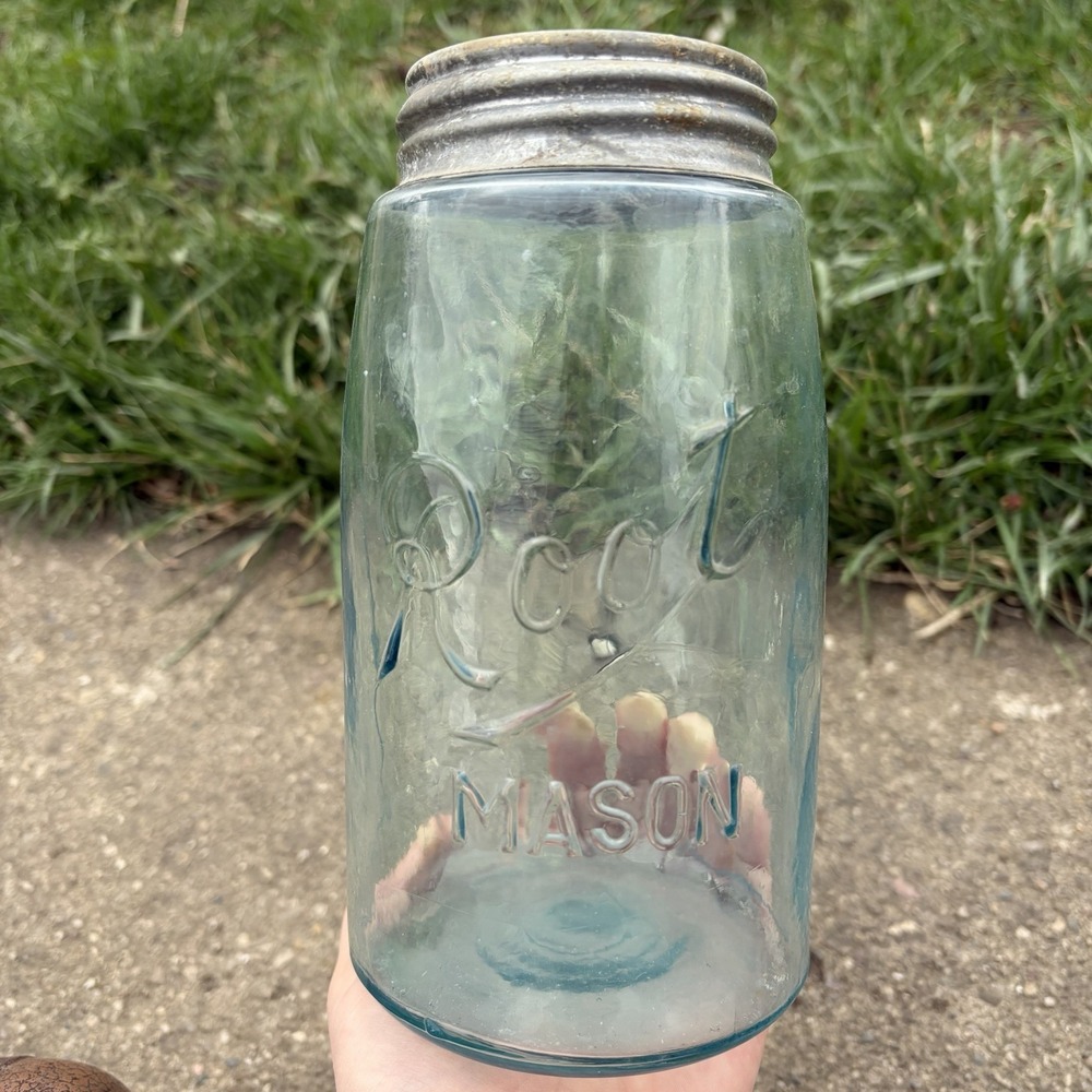 Antique Aqua Root Mason Quart Jar w Zinc Porcelain Lined Lid c1900–1920